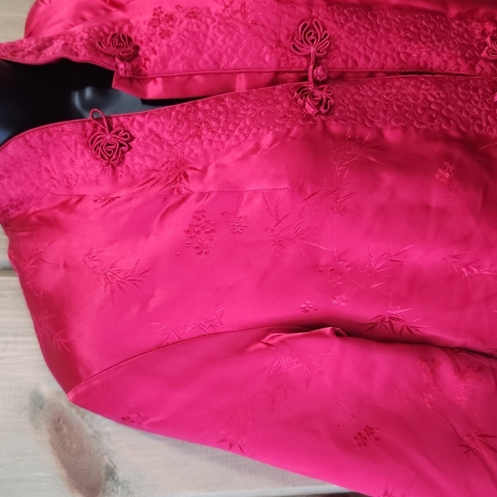 Vintage Peony Satin Floral Asian Jacket Red Size Medium - Picture 2 of 8